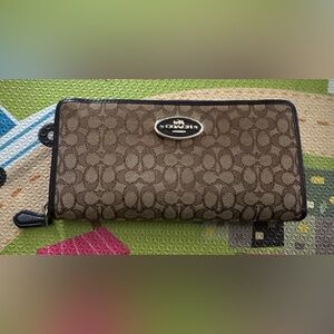 Coach Tan and Brown Signature Zip Wallet
